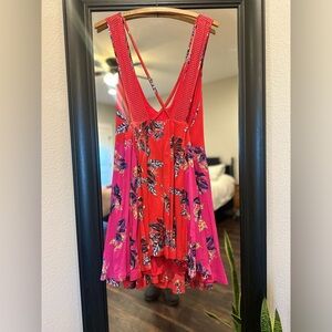 Free People Vibrant Red Dress with Blue Accents